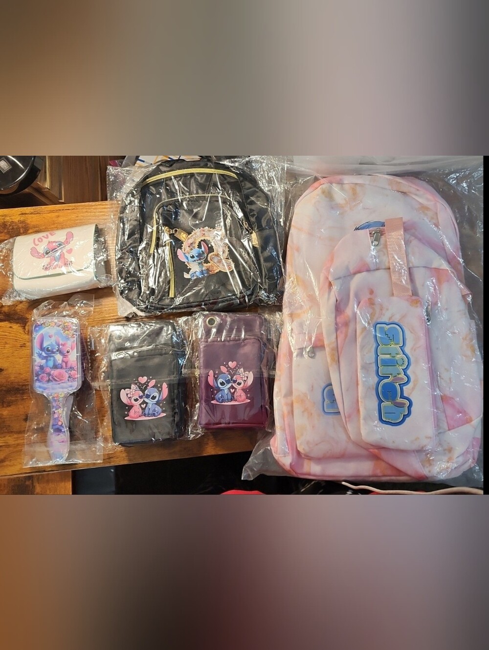 Disney Stitch & Angel 8-Piece Bag Lot: 3pc Backpack Set, 4 Purses & Brush